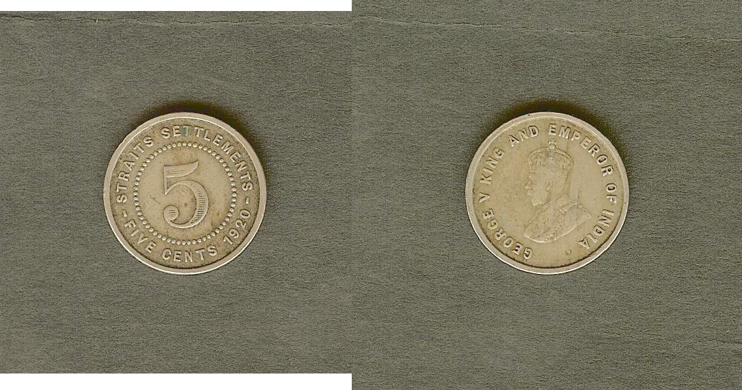 Straits Settlements 5 cents 1920 VF+